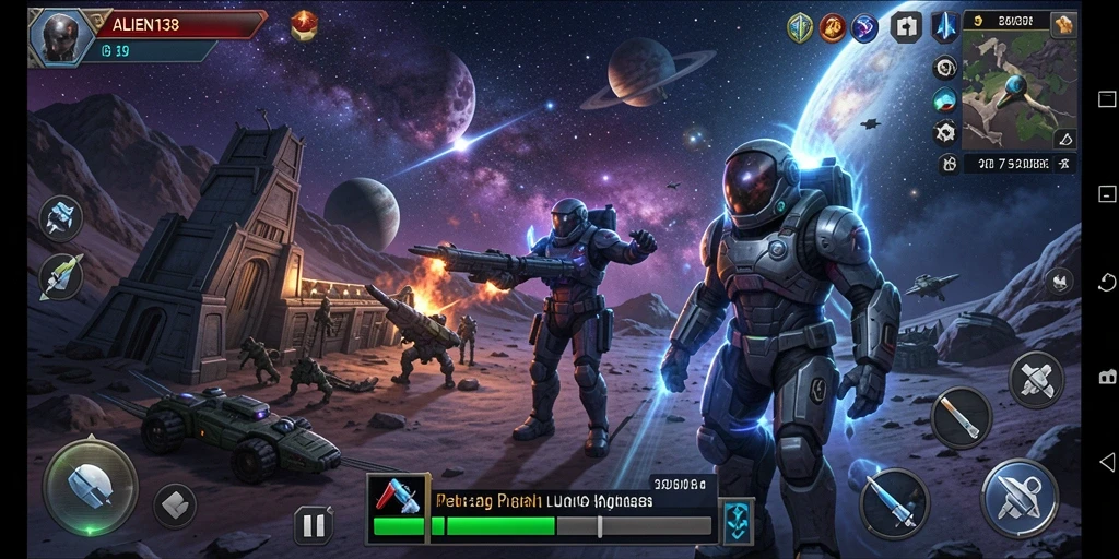 Screenshot gameplay RPG yang menampilkan pertempuran luar angkasa yang epik.