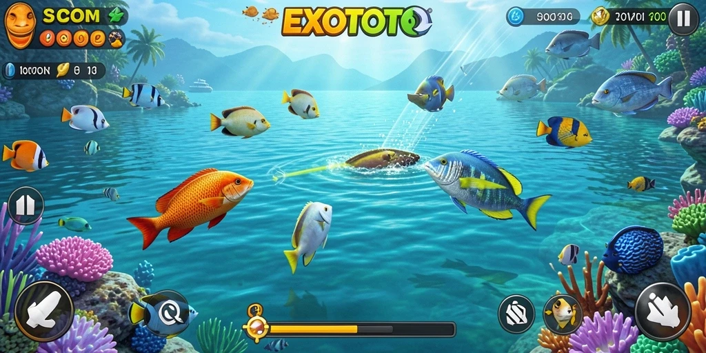 Tangkapan layar gameplay <strong>EXOTOTO</strong> menunjukkan aksi menangkap ikan yang seru.