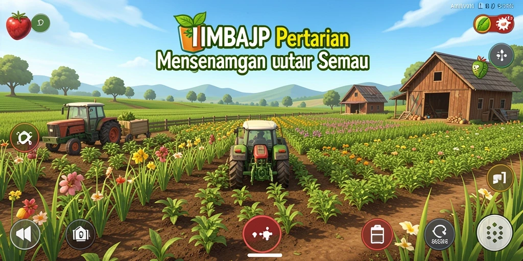Tangkapan layar gameplay IMBAJP menampilkan ladang yang rimbun dan aktivitas pertanian.