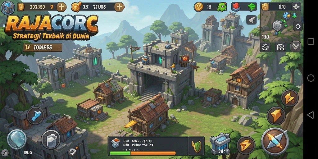 Screenshot gameplay RAJACORC menampilkan serangan menara yang memukau dalam Tower Defense.